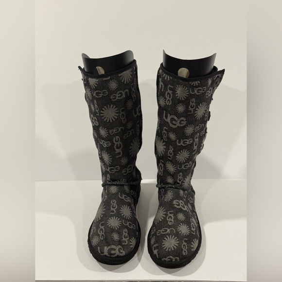 UGG Australia Tall Logo Knit Button Boots Women’s 8 Black Gray Shearling - Picture 13 of 14